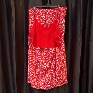 SHEIN Red Floral Midi Skirt with Matching Red Cropped Cami